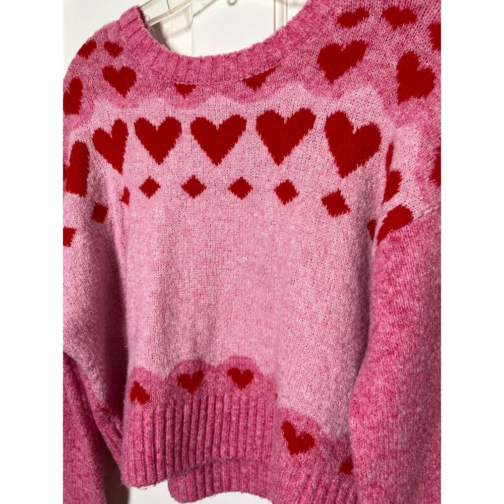 Jessica Simpson Heart Sweater L Pink Red Cropped Y2K Inspired Balloon Sleeve